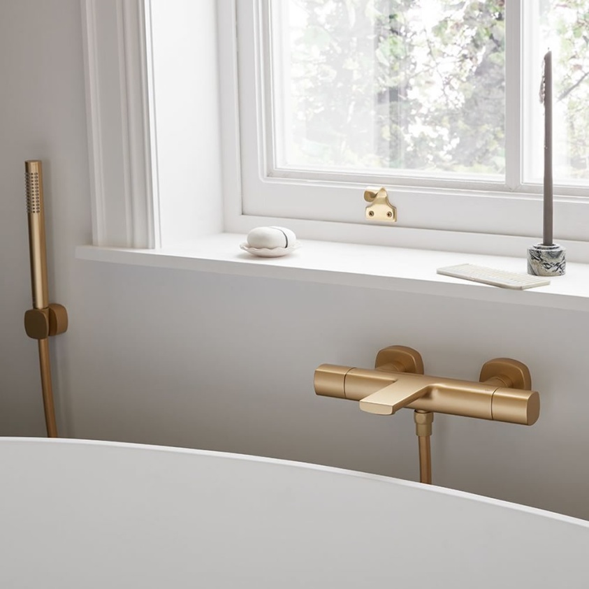 Vado Cameo Leverless Satin Brass Exposed Thermostatic Bath Shower Mixer - Lifestyle Image 1